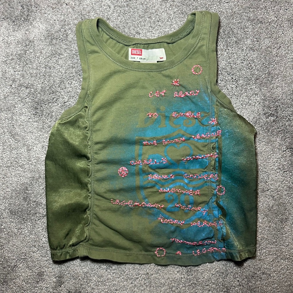 Diesel Tank Top Girls Size 7 Green Pink Embroidered Ruched Graphic Sleeveless